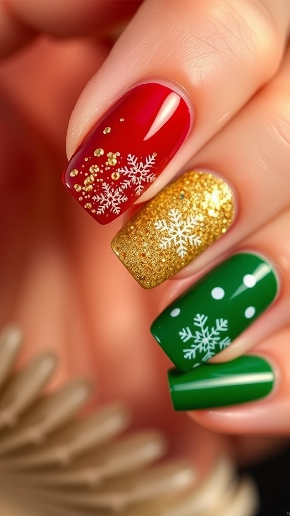 Elegant Christmas nail art with red and green polish, gold glitter, and white snowflakes.